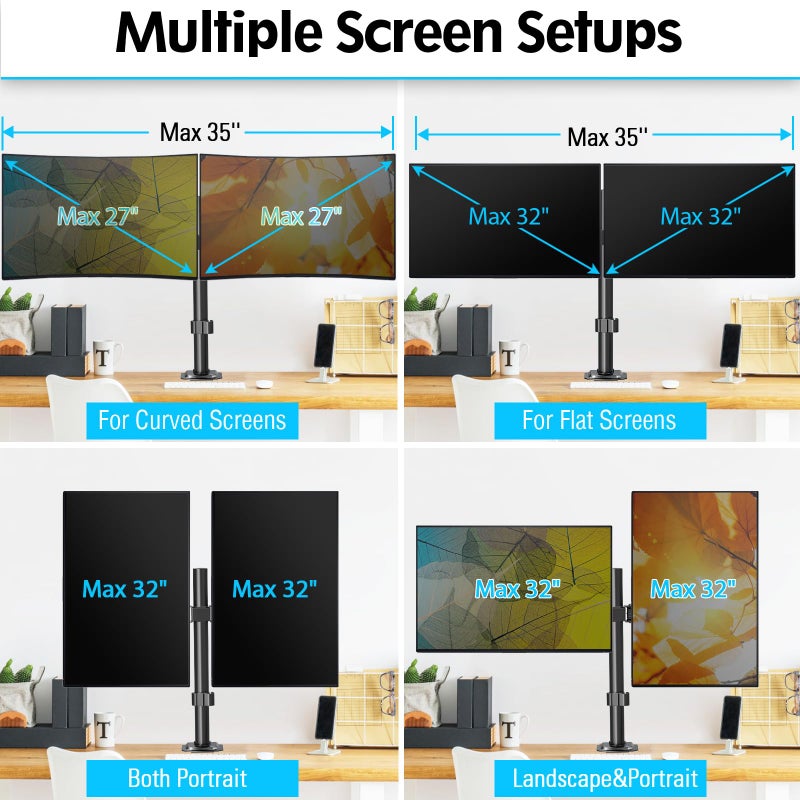 MOUNTUP Dual Monitor Desk Mount, Max 32 Inch up to 17.6lbs, Fully Adjustable Dual Monitor Arm for 2 LCD Screens, Double Monitor Stand with C-Clamp and Grommet Base - Image 2